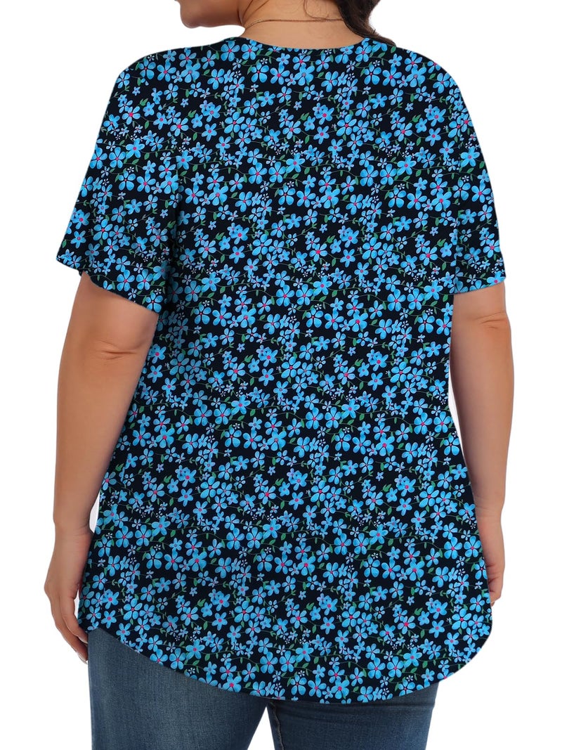 Tencede Womens Plus Size Tops Tunic Short Sleeve Crew Neck Shirts Casual Soft Blouse Blue Small Flowers 3X - Image 4
