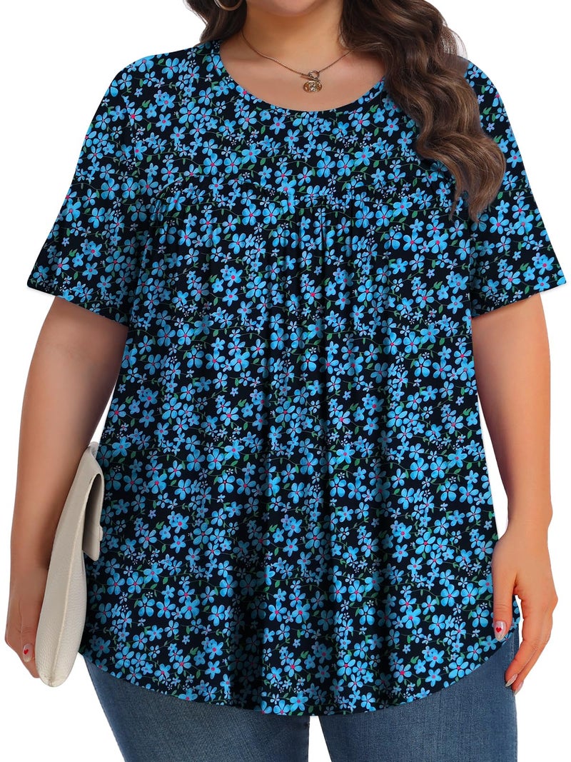 Tencede Womens Plus Size Tops Tunic Short Sleeve Crew Neck Shirts Casual Soft Blouse Blue Small Flowers 3X - Image 3