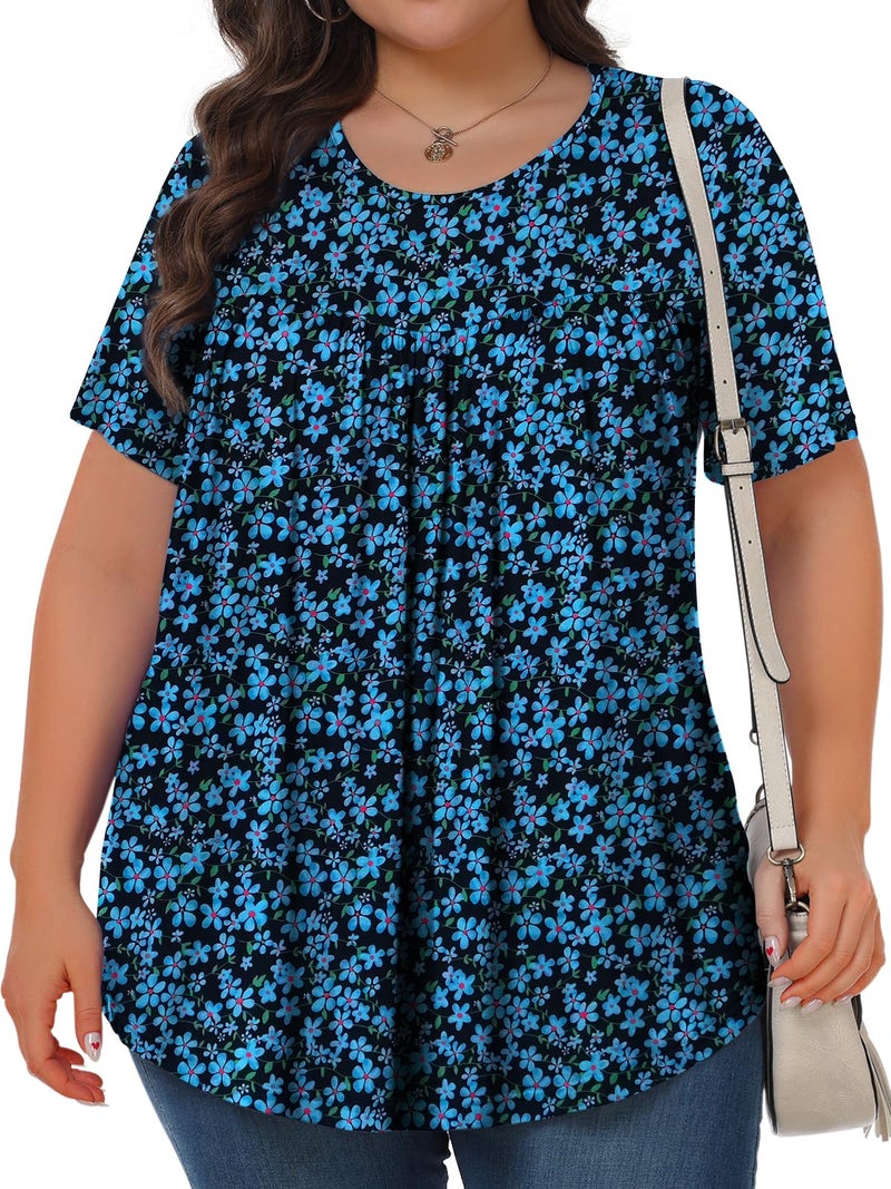 Tencede Womens Plus Size Tops Tunic Short Sleeve Crew Neck Shirts Casual Soft Blouse Blue Small Flowers 3X - Image 2
