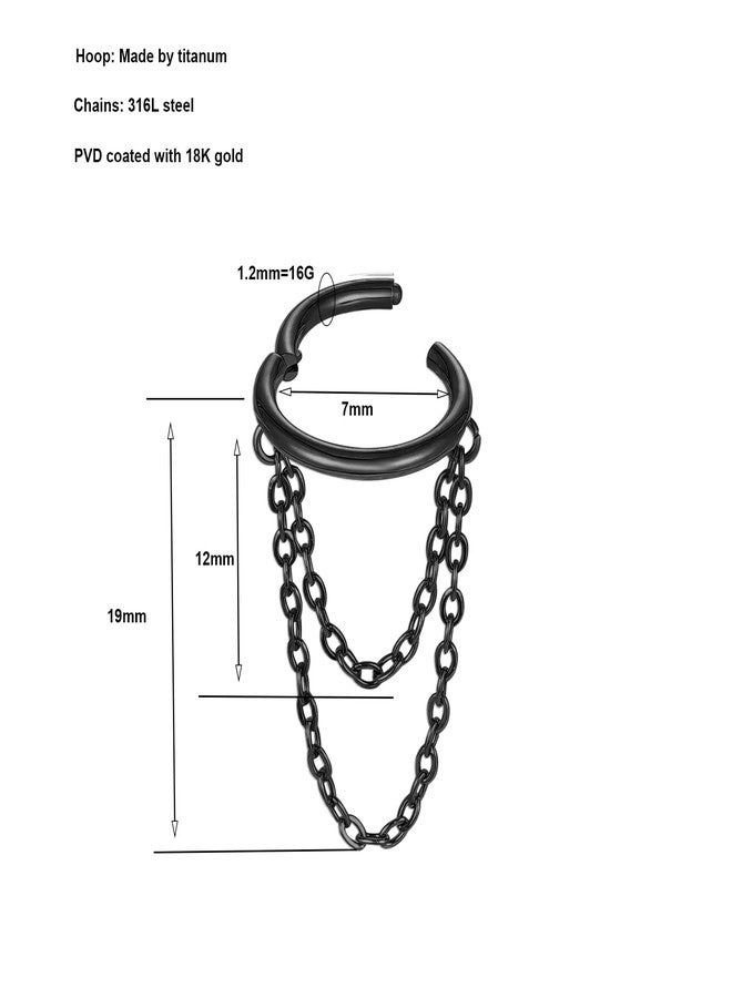 ENONTY 16G Titanium Cartilage Earrings Hoop 7mm 9mm Helix Piercing Jewelry with Single/Double/Triple Chains Hypoallergenic Hinged Clicker (black 2 chains 7mm), 7mm and 9mm, Titanium, no gemstone - Image 2