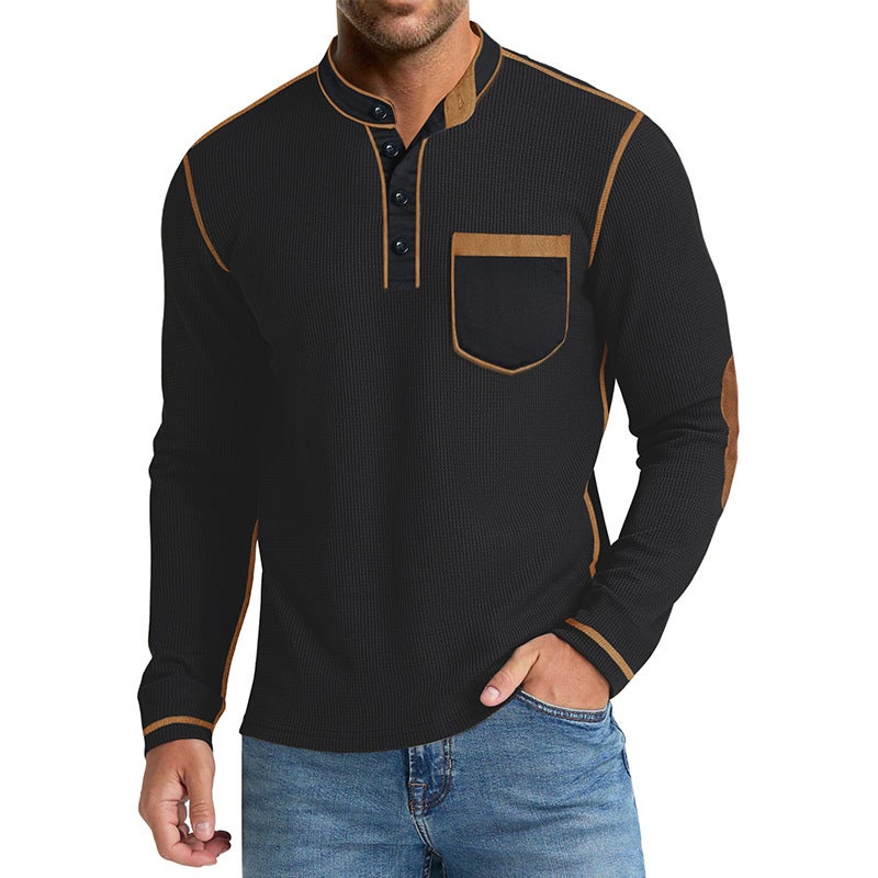 Cross-Border and Men''s Long-Sleeved Stand-Up Collar Henley Shirt Export Men''s Autumn and Winter Cotton Waffle T-Shirt Casual Bottoming Shirt - Image 2