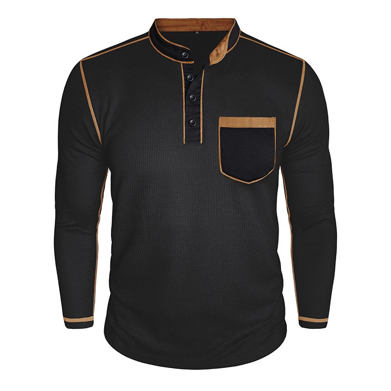Cross-Border and Men''s Long-Sleeved Stand-Up Collar Henley Shirt Export Men''s Autumn and Winter Cotton Waffle T-Shirt Casual Bottoming Shirt - Image 4