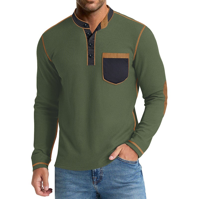 Cross-Border and Men''s Long-Sleeved Stand-Up Collar Henley Shirt Export Men''s Autumn and Winter Cotton Waffle T-Shirt Casual Bottoming Shirt - Image 1