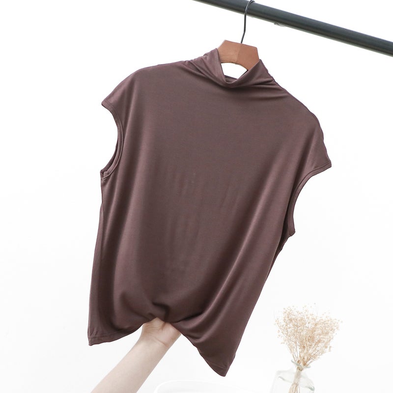 Modal Sleeveless T-shirt Spring and Autumn Interior Western Style Slimming Semi-high Collar Base Shirt Thin All-match Solid Color Top - Image 1