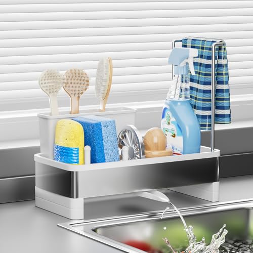 Ewaiira Stainless Steel Sink Caddy Sponge Holder for Kitchen Sink with Brush Holder Dishcloth Rack Rustproof Organizer Countertop Soap Dispenser Kitchen Organizers Storage Essentials White 98 - Image 1