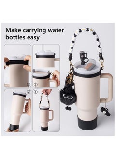 JOSQUEWNN Cup Accessory Kit For Stanley Quencher Including Water Bottle Handle Strap, Silicone Cup Sleeve, Lipstick Holder, Key Chain Charms, Handle Charms, And Straw Topper Accessories For 40oz/30oz Black Stanley Cup  - Image 3