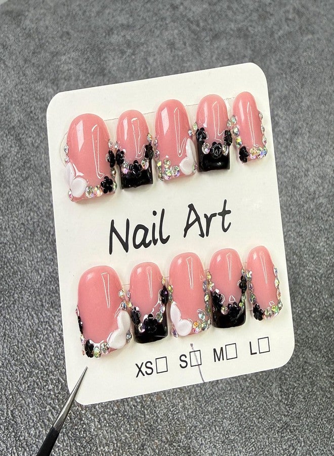 ASABITE 10Pcs Handmade Press on Nails Short Square Fake Nails with 3D Flower Rhinestones Design Reusable False Nail Spring Summer Flower Nail Art Acrylic Nails Press ons Square Stick on Nail for Women (S) - Image 1