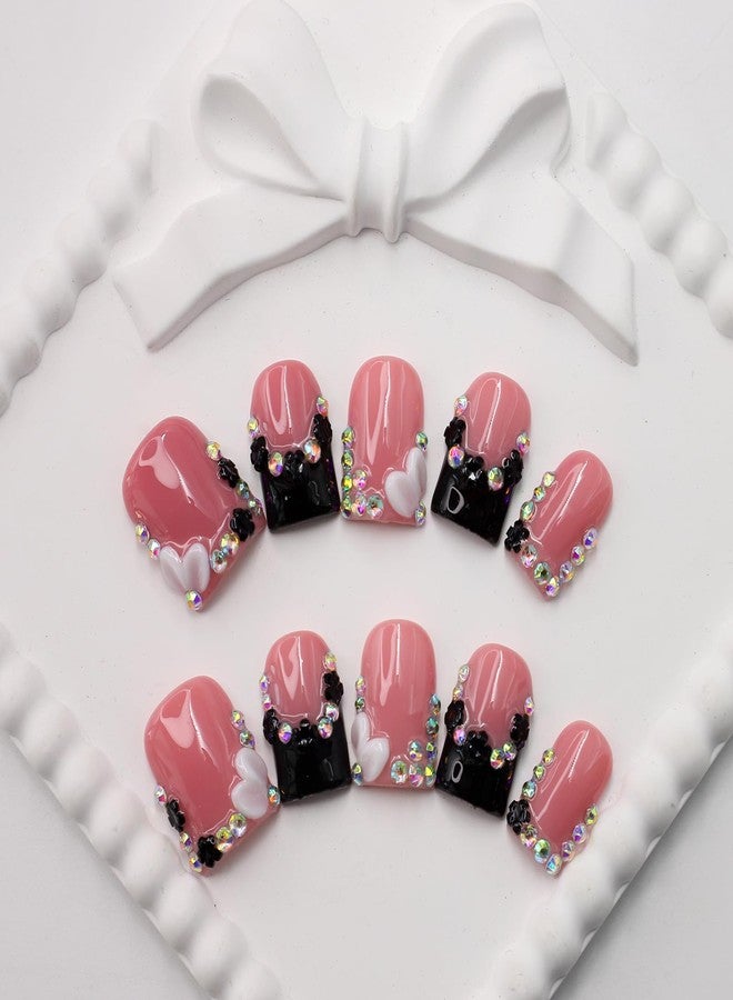 ASABITE 10Pcs Handmade Press on Nails Short Square Fake Nails with 3D Flower Rhinestones Design Reusable False Nail Spring Summer Flower Nail Art Acrylic Nails Press ons Square Stick on Nail for Women (S) - Image 3