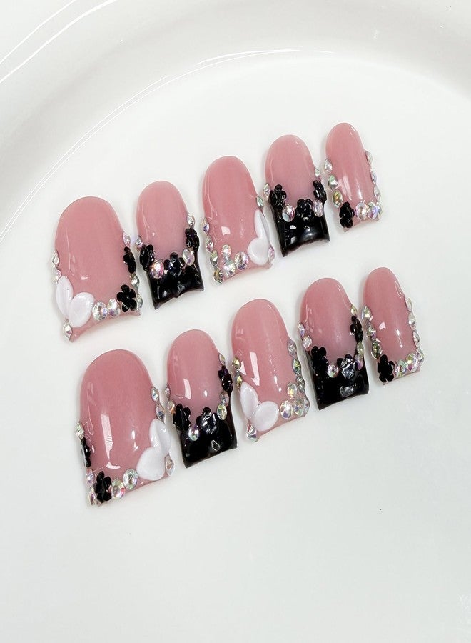 ASABITE 10Pcs Handmade Press on Nails Short Square Fake Nails with 3D Flower Rhinestones Design Reusable False Nail Spring Summer Flower Nail Art Acrylic Nails Press ons Square Stick on Nail for Women (S) - Image 2