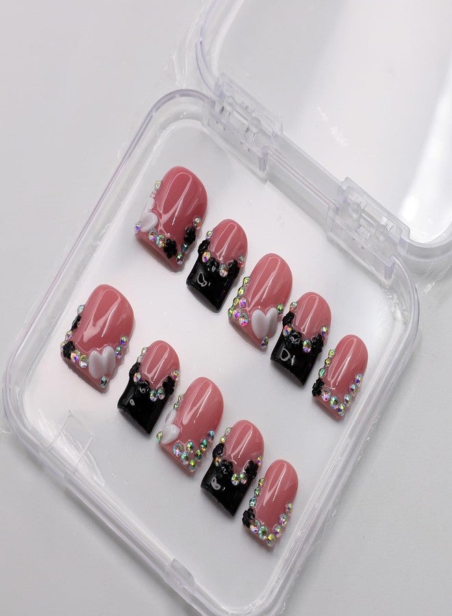 ASABITE 10Pcs Handmade Press on Nails Short Square Fake Nails with 3D Flower Rhinestones Design Reusable False Nail Spring Summer Flower Nail Art Acrylic Nails Press ons Square Stick on Nail for Women (S) - Image 4