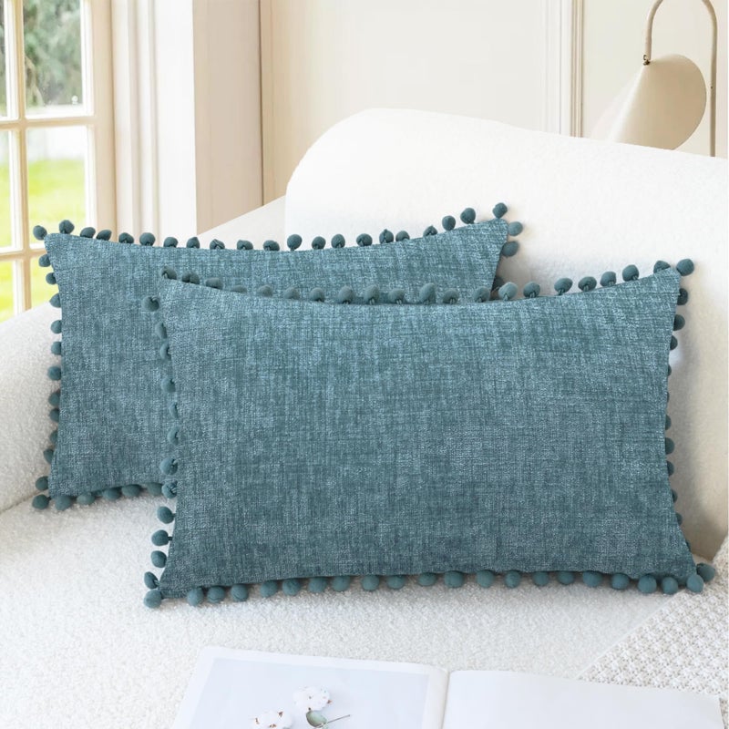 CaliTime Throw Pillow Covers Decorative 20 X 12 Inches Pack of 2 Cozy Solid Dyed Soft Chenille Cushion Cases with Pom Poms for Couch Sofa Bed Living Room Home Smoke Blue - Image 2