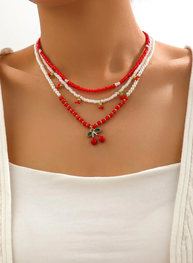 Take Two Take Two Set of 3 - Beaded Necklace with Cherry Decor