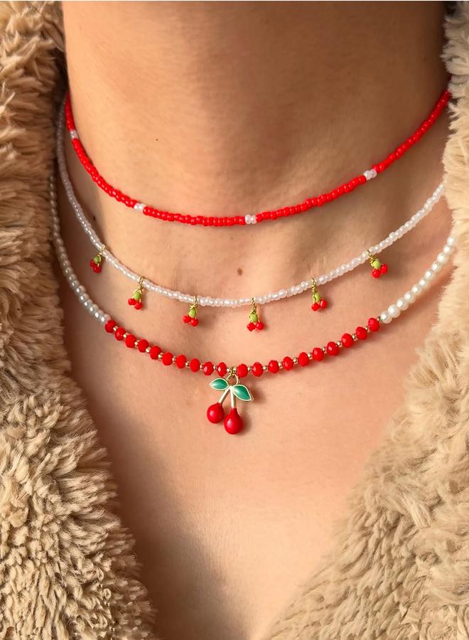 Take Two Set of 3 - Beaded Necklace with Cherry Decor - Image 1