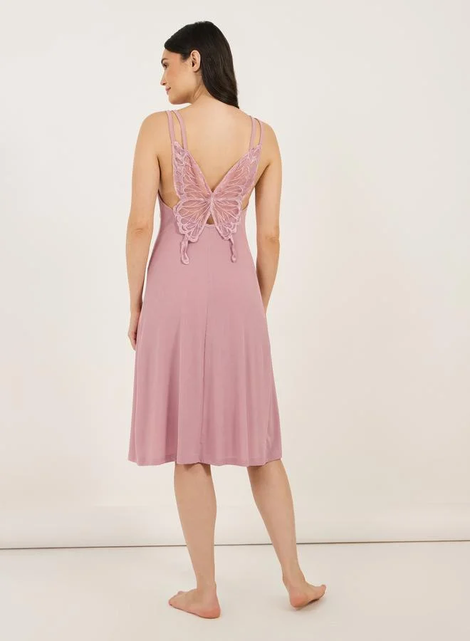 Styli Lace Butterfly Back Detail Ribbed Slip Dress