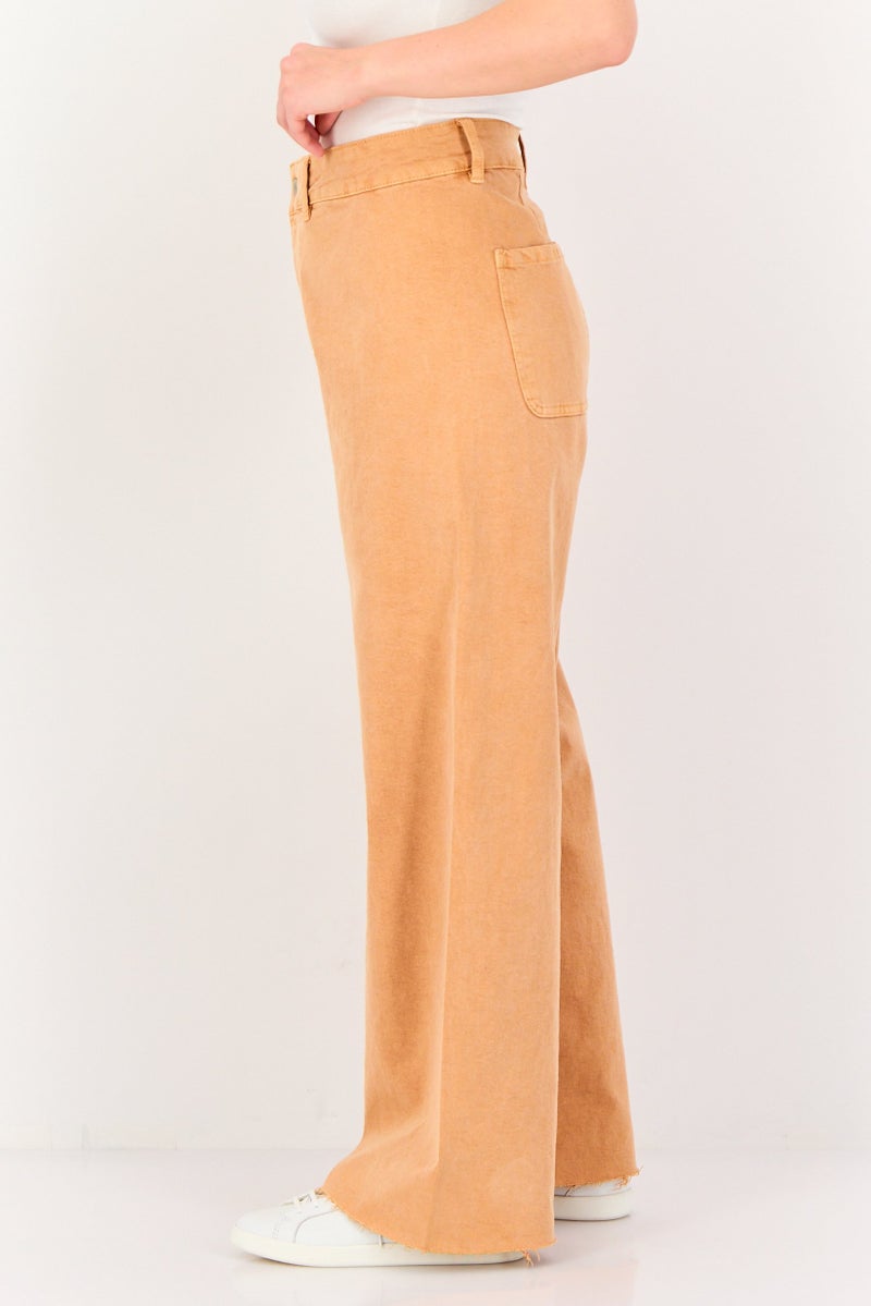 promod Women Regular Fit Washed Stretchable Wide Leg Jeans, Coral - Image 3