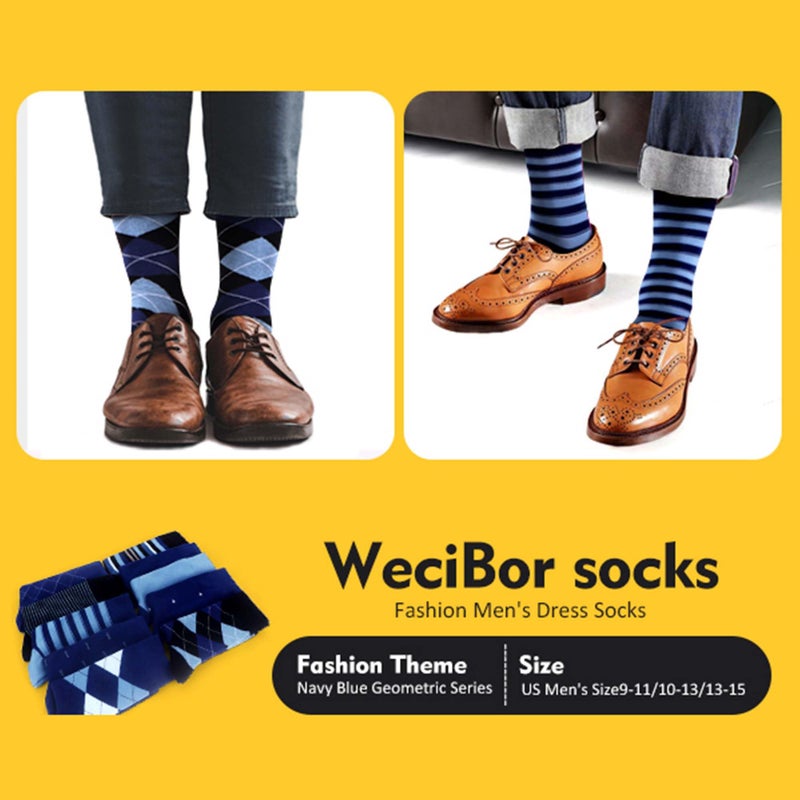 WeciBor Men's Seamless Combed Cotton Dress Suit Casual Navy Socks, 12 Pack Navi Blue Geometric, Size 10-13 - Image 4