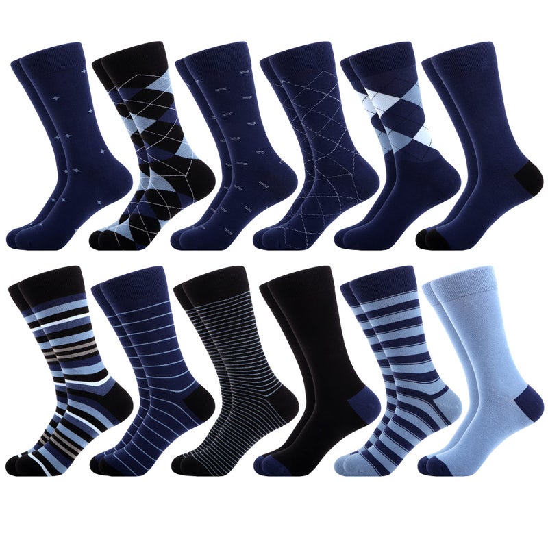 WeciBor Men's Seamless Combed Cotton Dress Suit Casual Navy Socks, 12 Pack Navi Blue Geometric, Size 10-13 - Image 1