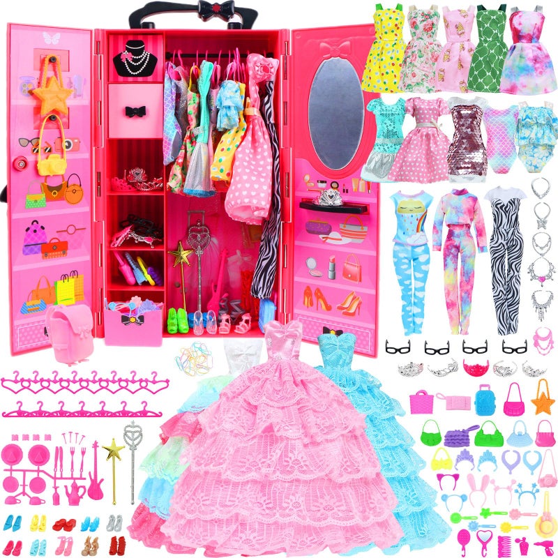 BJDBUS 110 Pcs Doll Wardrobe with Clothes and Accessories Closet Set for 115 Inch Girl Doll Storage Wedding Gown Fashion Dresses Skirts Tops Pants Outfits Bikini Swimsuits Hangers Shoes Other Stuff