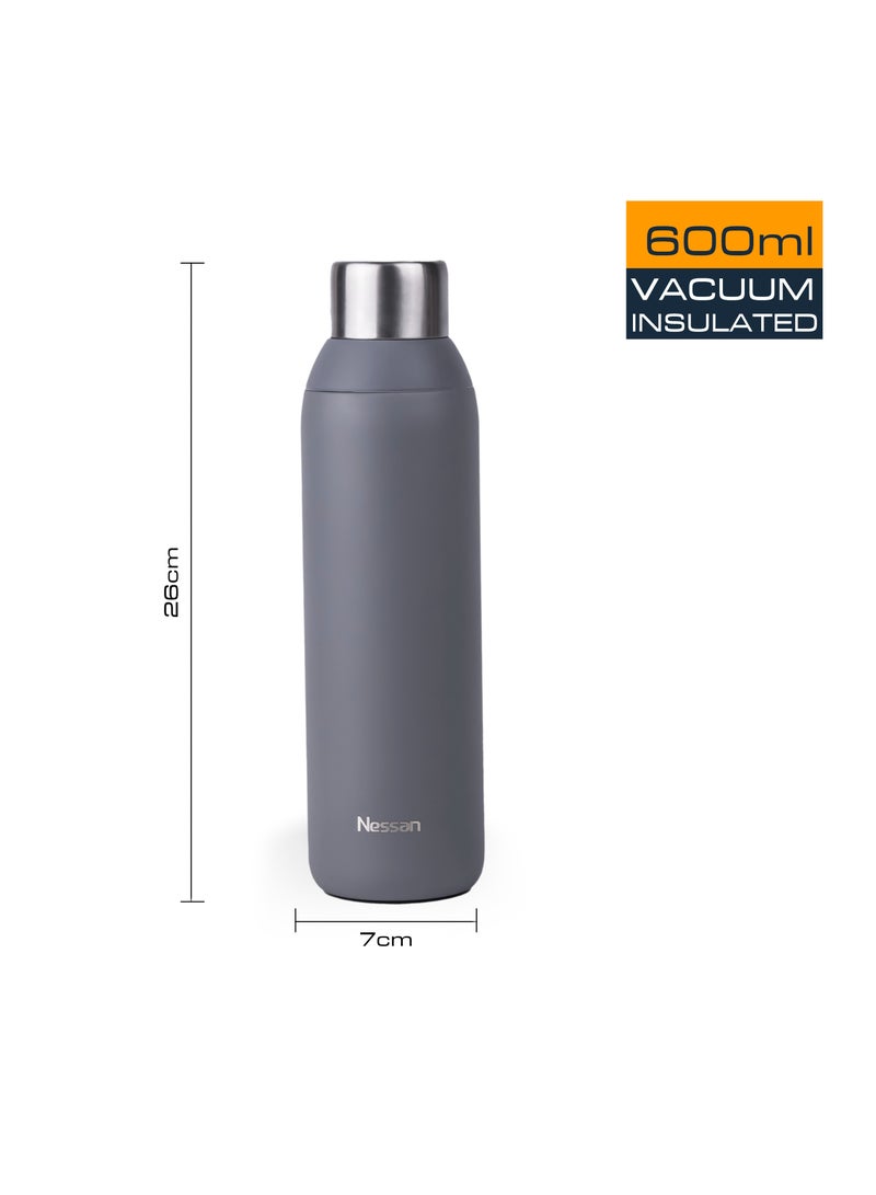 Nessan Double Wall Insulated Stainless Steel Vacuum Bottle, 600 ml - Your Reliable Travel Flask For Hot And Cold Beverages - Grey - Image 4