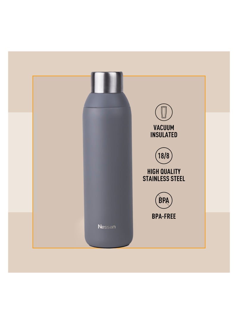 Nessan Double Wall Insulated Stainless Steel Vacuum Bottle, 600 ml - Your Reliable Travel Flask For Hot And Cold Beverages - Grey - Image 5