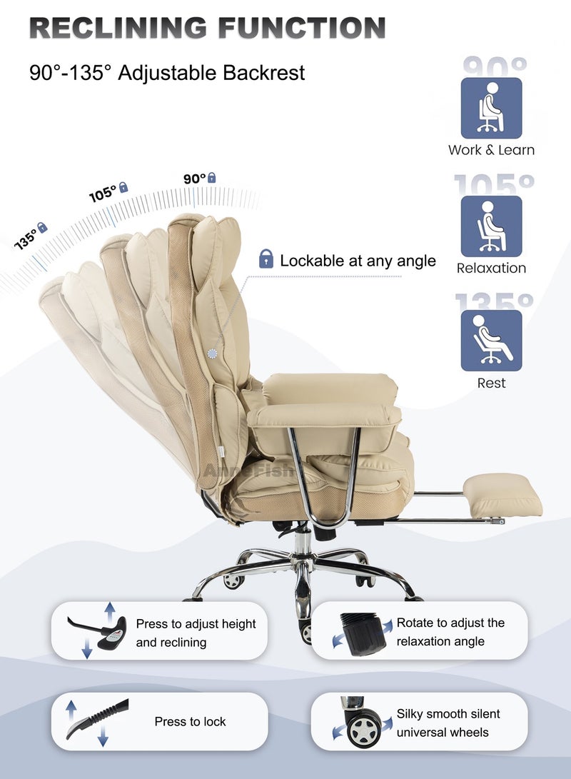 AnneFish Ergonomic Office Chair with Footrest Large Executive Swivel Desk Chair Height Adjustable High Back Reclining Chair Home Office Comfortable PU Leather Computer Gaming Chair Spring Seat Silent Wheels - Image 3