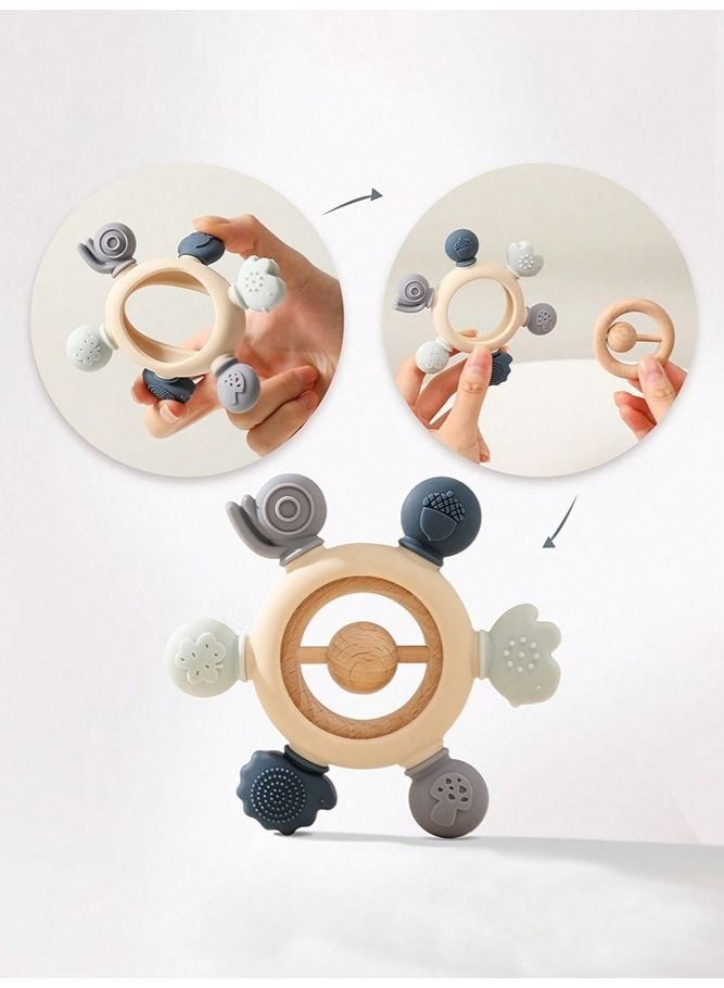 Silicone Baby Rudder Shaped Teething Toy with Wooden Ring for Soothe Babies Gums Grey - Image 3