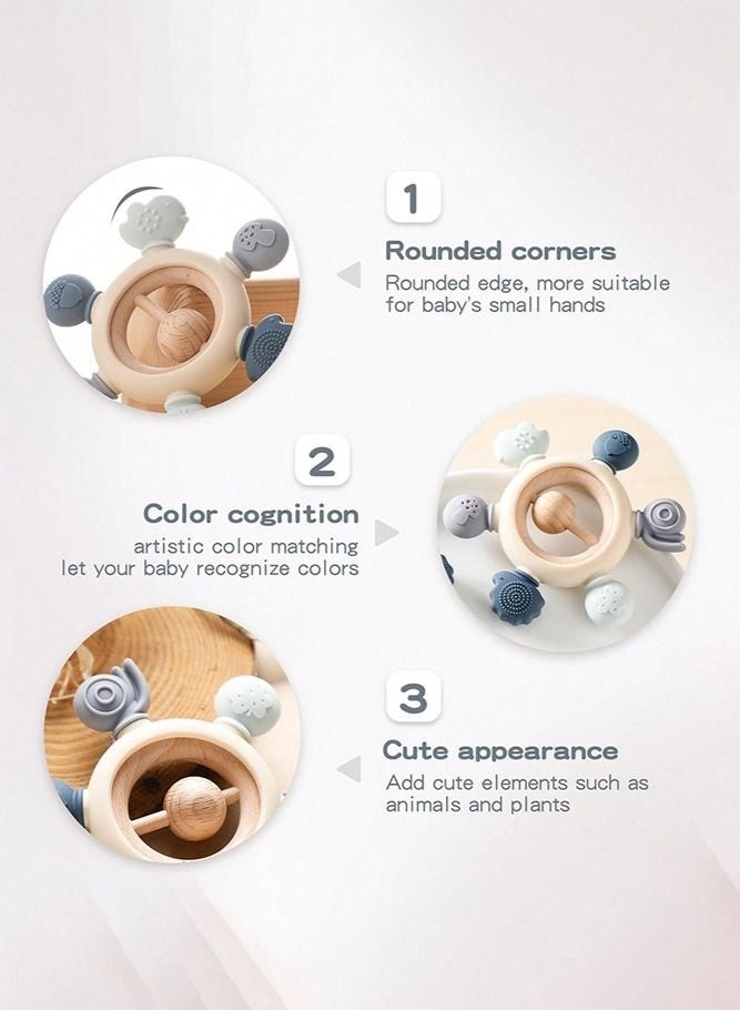 Silicone Baby Rudder Shaped Teething Toy with Wooden Ring for Soothe Babies Gums Grey - Image 2