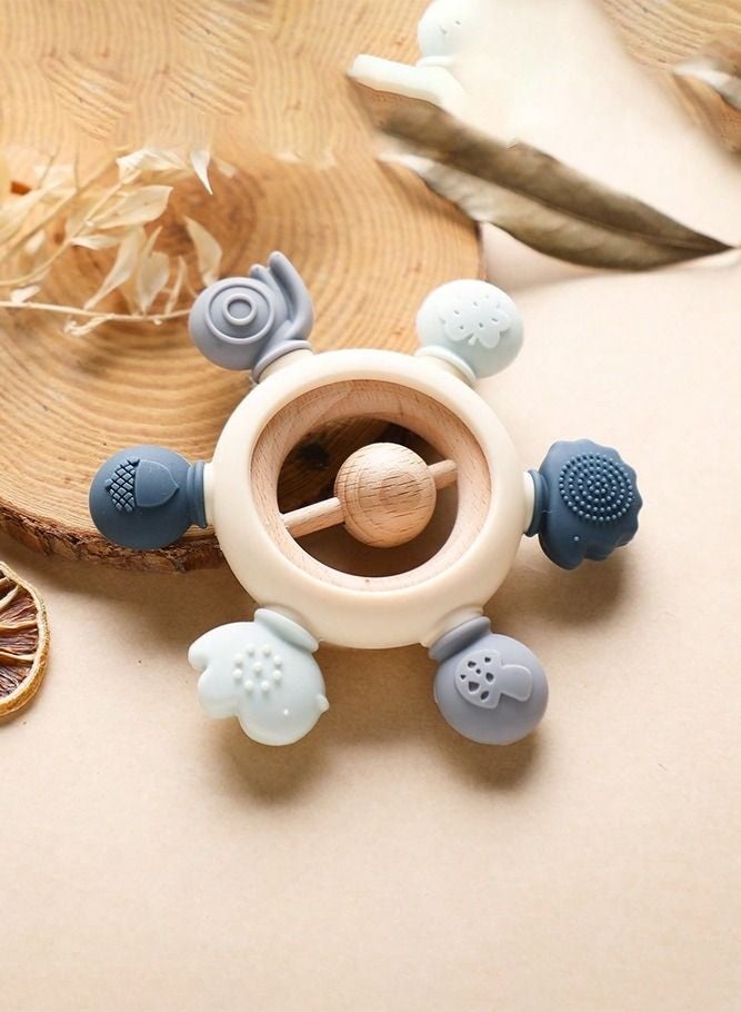 Silicone Baby Rudder Shaped Teething Toy with Wooden Ring for Soothe Babies Gums Grey - Image 5