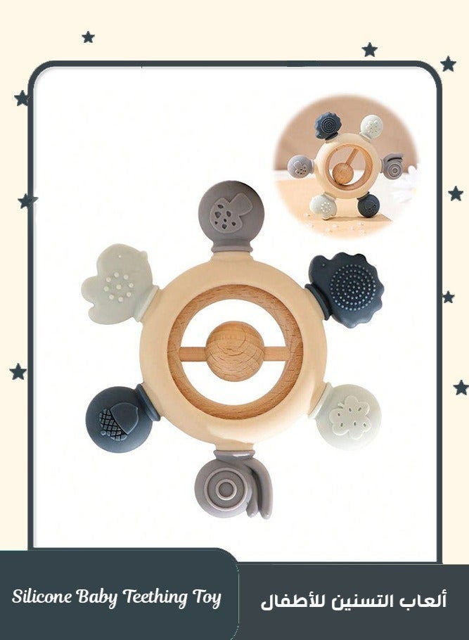 Silicone Baby Rudder Shaped Teething Toy with Wooden Ring for Soothe Babies Gums Grey - Image 1