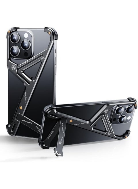 Frameless Phone Case for iPhone 16 Pro Max, Geometric Shape Phone Case with Built-in Invisible Stand, Slim Shockproof Bumper Case Sleek Minimalist Frameless Aluminum Shells, Black 16promax