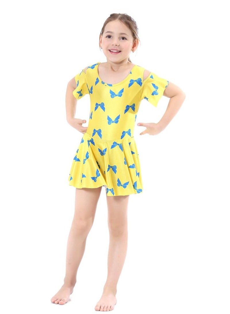 Loquat Girl's Printed Swimwear Dress Short Sleeve Burkini Swimsuit Set Yellow/Blue - Image 1