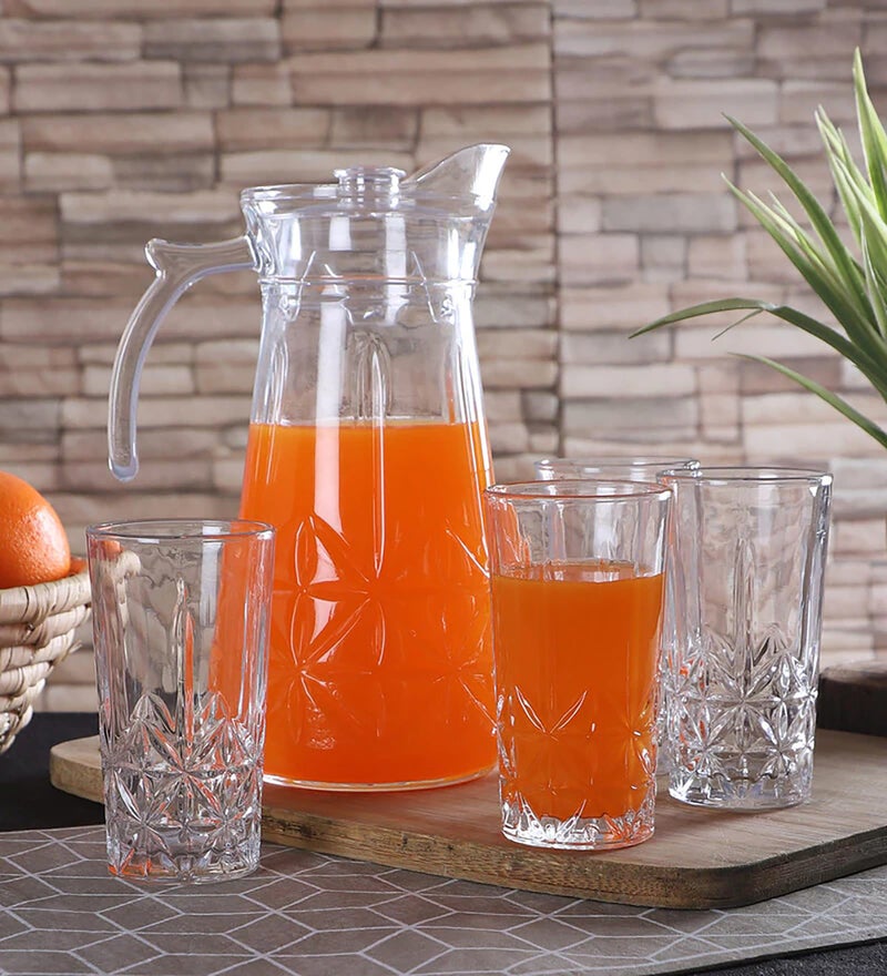 Wringo Premium 7pc Crystal Water Jug with Glass Set and Jug Set Combo,Freezer Safe and Dishwasher Safe (6 Pieces Glasses 200ML and 1 Water Juice Jug 1 Liter), Transparent, Glass and Jug Set (WS-10) - Image 1