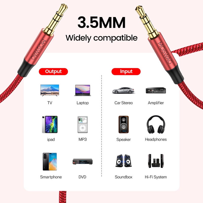 MOSWAG كابل صوت AUX جاك 3.5 مم بطول 10 قدم/3 متر من MOSWAG، كابل AUX جاك 3.5 مم ذكر إلى ذكر، كابل مساعد مضفر من النايلون للاستريو للهواتف، سماعات الرأس، مكبرات الصوت، الأجهزة اللوحية، أجهزة الكمبيوتر، مشغلات الموسيقى والمزيد. - Image 2