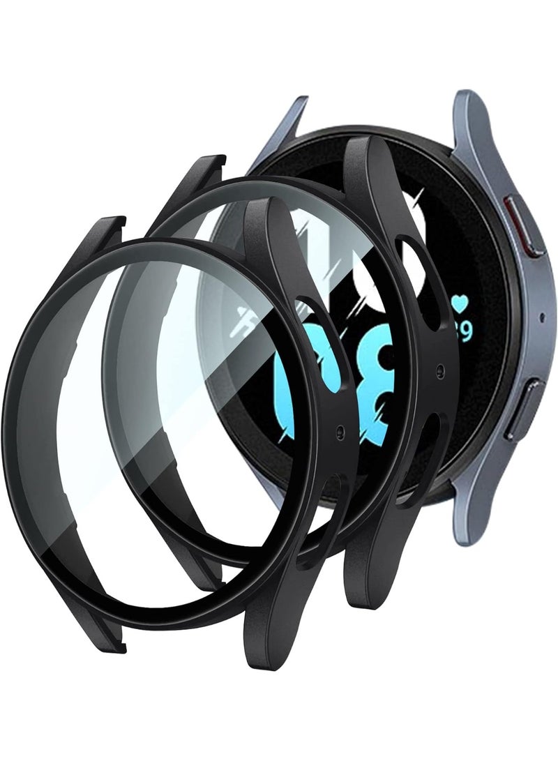 (2 Pack)Hard Case for Samsung Galaxy Watch 5/ Watch 4 (44/45mm), with Tempered Glass Screen Protector Ultra Clear Slim Full Cover Case (44MM, Black+Black) - Image 1