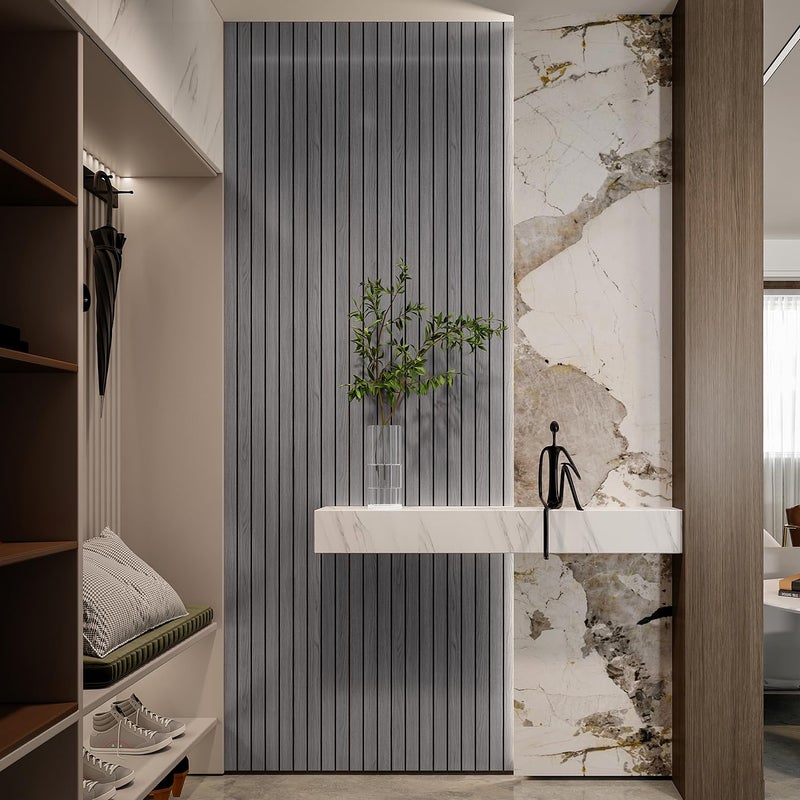 YLL YLL PVC Slat Wall Panel Peel and Stick 236"x 15.7" Faux Grey Wood Grain Slat Panel Self-Adhesive Wallpaper Soundproof 3D Wall Panels - Image 2