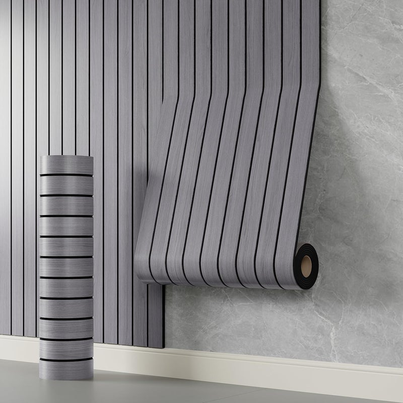 YLL YLL PVC Slat Wall Panel Peel and Stick 236"x 15.7" Faux Grey Wood Grain Slat Panel Self-Adhesive Wallpaper Soundproof 3D Wall Panels - Image 1