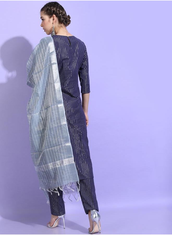 Vishudh - Women Blue Striped Cotton Kurta Set by Styli - Image 1