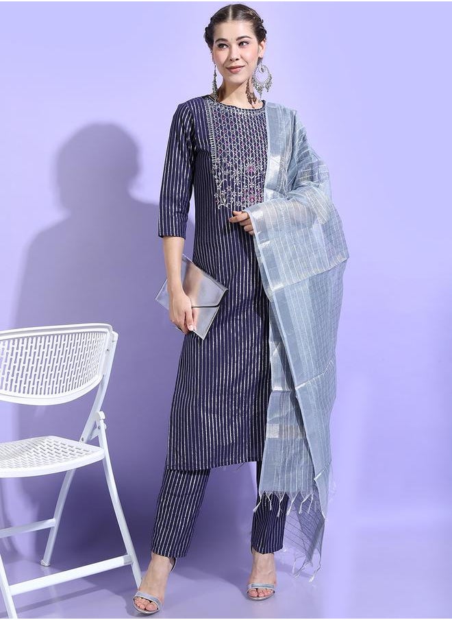 Vishudh - Women Blue Striped Cotton Kurta Set by Styli - Image 1