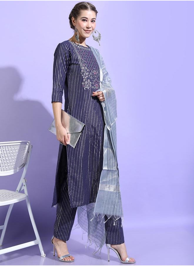Vishudh - Women Blue Striped Cotton Kurta Set by Styli - Image 1