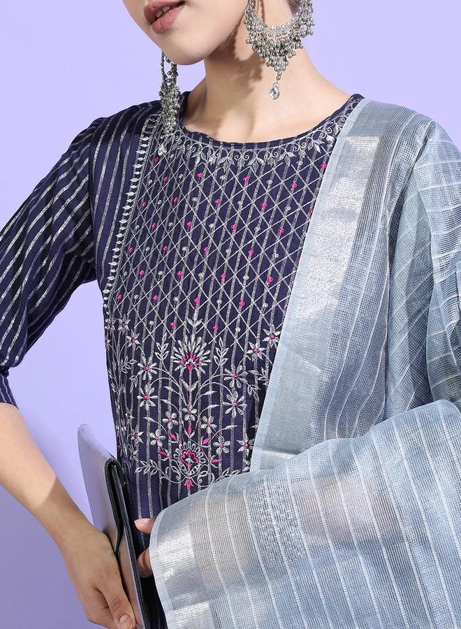 Vishudh Women Blue Striped Cotton Kurta Set by Styli