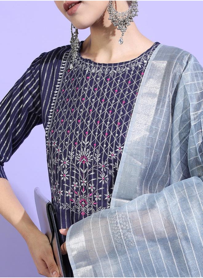 Vishudh - Women Blue Striped Cotton Kurta Set by Styli - Image 1