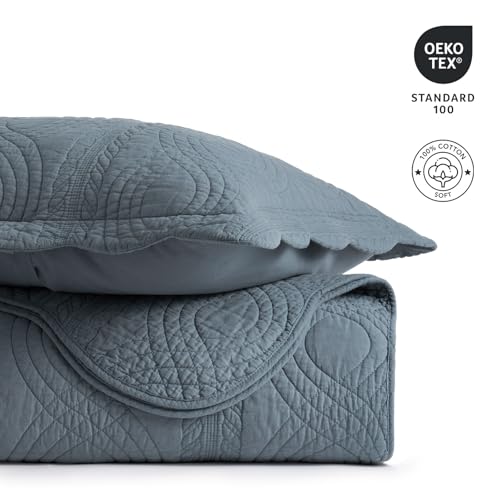 EVERGRACEHOME 100% Cotton Scallop Quilt Set, King Size 3 Piece Set – Lightweight Bedspread with 2 Shams, Soft Prewashed Matelasse Coverlet for Cozy and Elegant Bedding, Stormy Blue - Image 4
