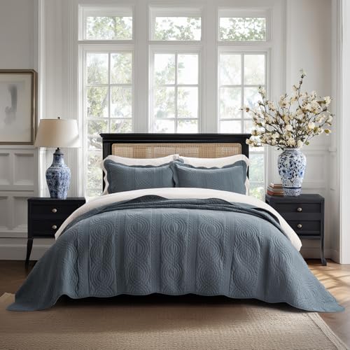 EVERGRACEHOME 100% Cotton Scallop Quilt Set, King Size 3 Piece Set – Lightweight Bedspread with 2 Shams, Soft Prewashed Matelasse Coverlet for Cozy and Elegant Bedding, Stormy Blue - Image 1