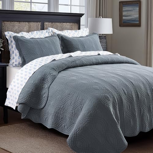 EVERGRACEHOME 100% Cotton Scallop Quilt Set, King Size 3 Piece Set – Lightweight Bedspread with 2 Shams, Soft Prewashed Matelasse Coverlet for Cozy and Elegant Bedding, Stormy Blue - Image 3
