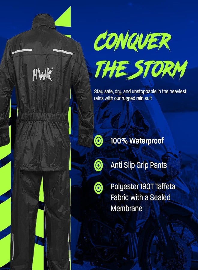 HWK Motorcycle Rain Suit for Men and Women, Two-Piece Waterproof Rain Gear with Reflective Jacket and Pants for Weatherproof All-Season Riding, Black, 2X-Large - Image 2