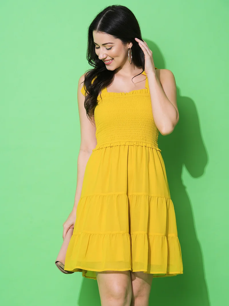 Women Georgette Shoulder Straps Smocked Fit & Flare Dress