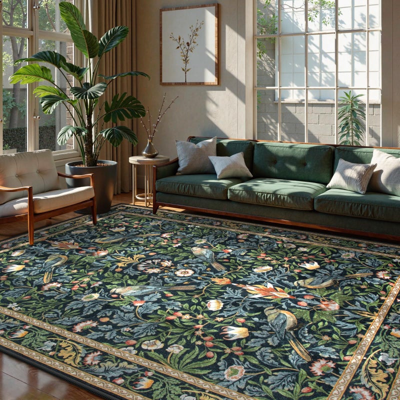 Beeiva Vintage Bird 8x10 Washable Rugs for Living Room, Botanical Non Slip Large Carpet for Bedroom, Stain Resistant Dining Room Rugs for Under Table Dorm Classroom Decor (Dark Green/Navy Blue) - Image 2