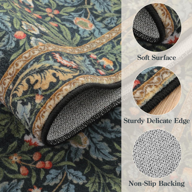 Beeiva Vintage Bird 8x10 Washable Rugs for Living Room, Botanical Non Slip Large Carpet for Bedroom, Stain Resistant Dining Room Rugs for Under Table Dorm Classroom Decor (Dark Green/Navy Blue) - Image 5