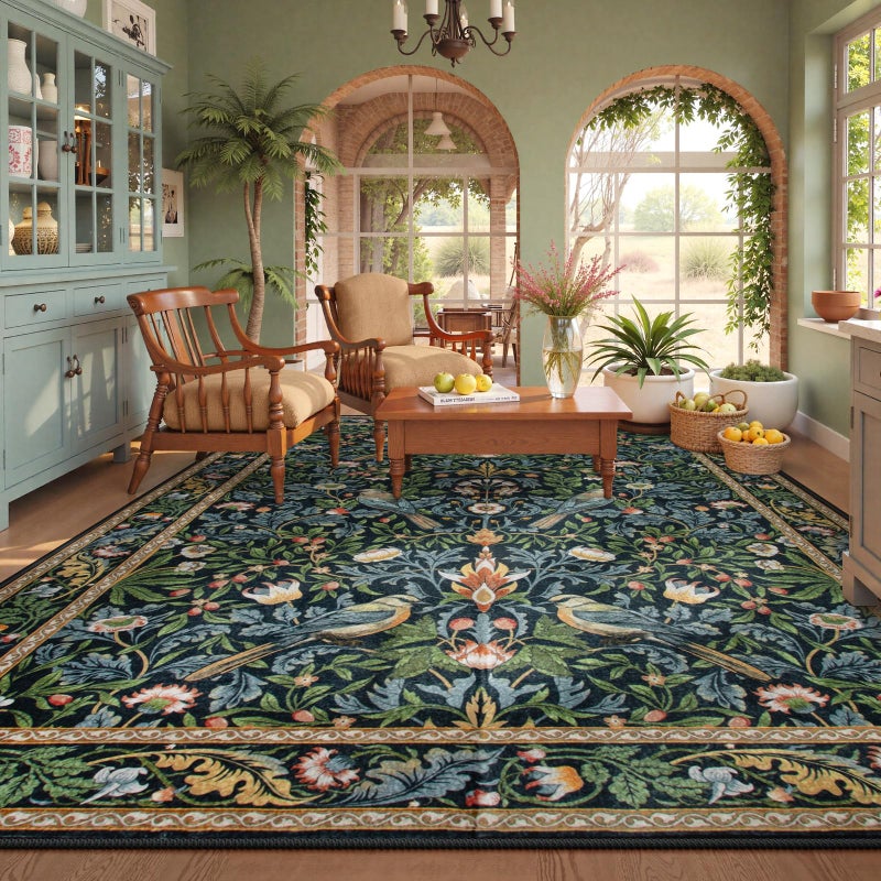 Beeiva Vintage Bird 8x10 Washable Rugs for Living Room, Botanical Non Slip Large Carpet for Bedroom, Stain Resistant Dining Room Rugs for Under Table Dorm Classroom Decor (Dark Green/Navy Blue) - Image 1