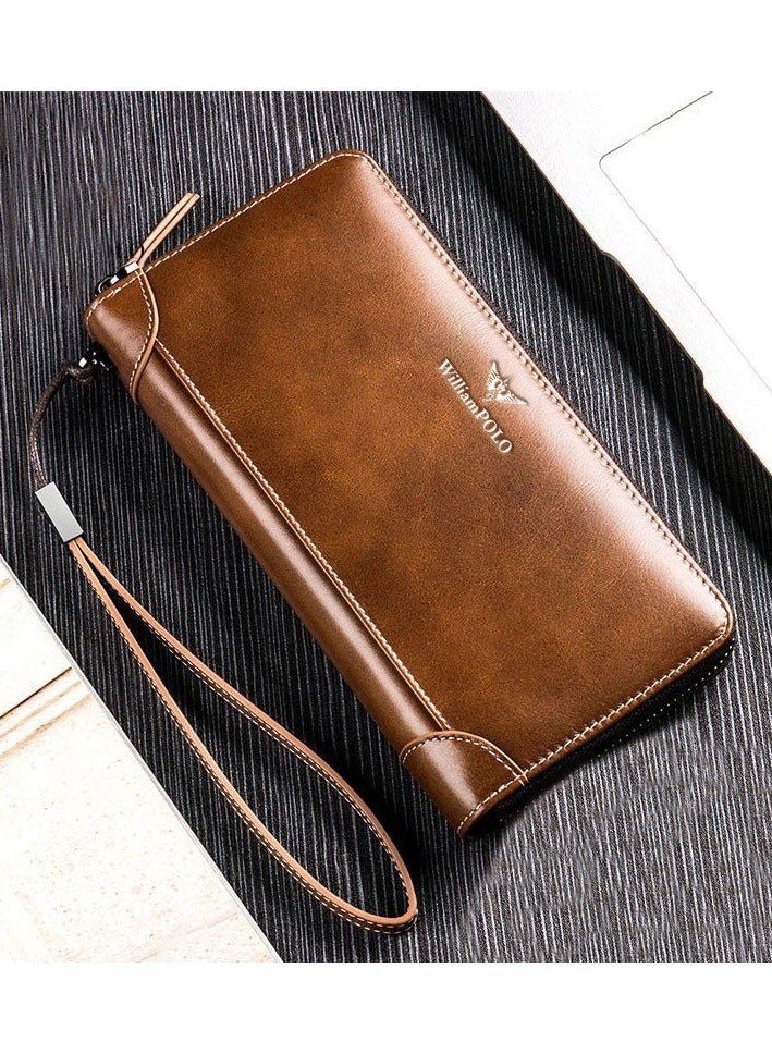 William Polo Genuine Leather Retro Wallet Long Handbag 2025 New Zipper Leather Wallet Men's Card Bag Multi functional Handbag - Image 1